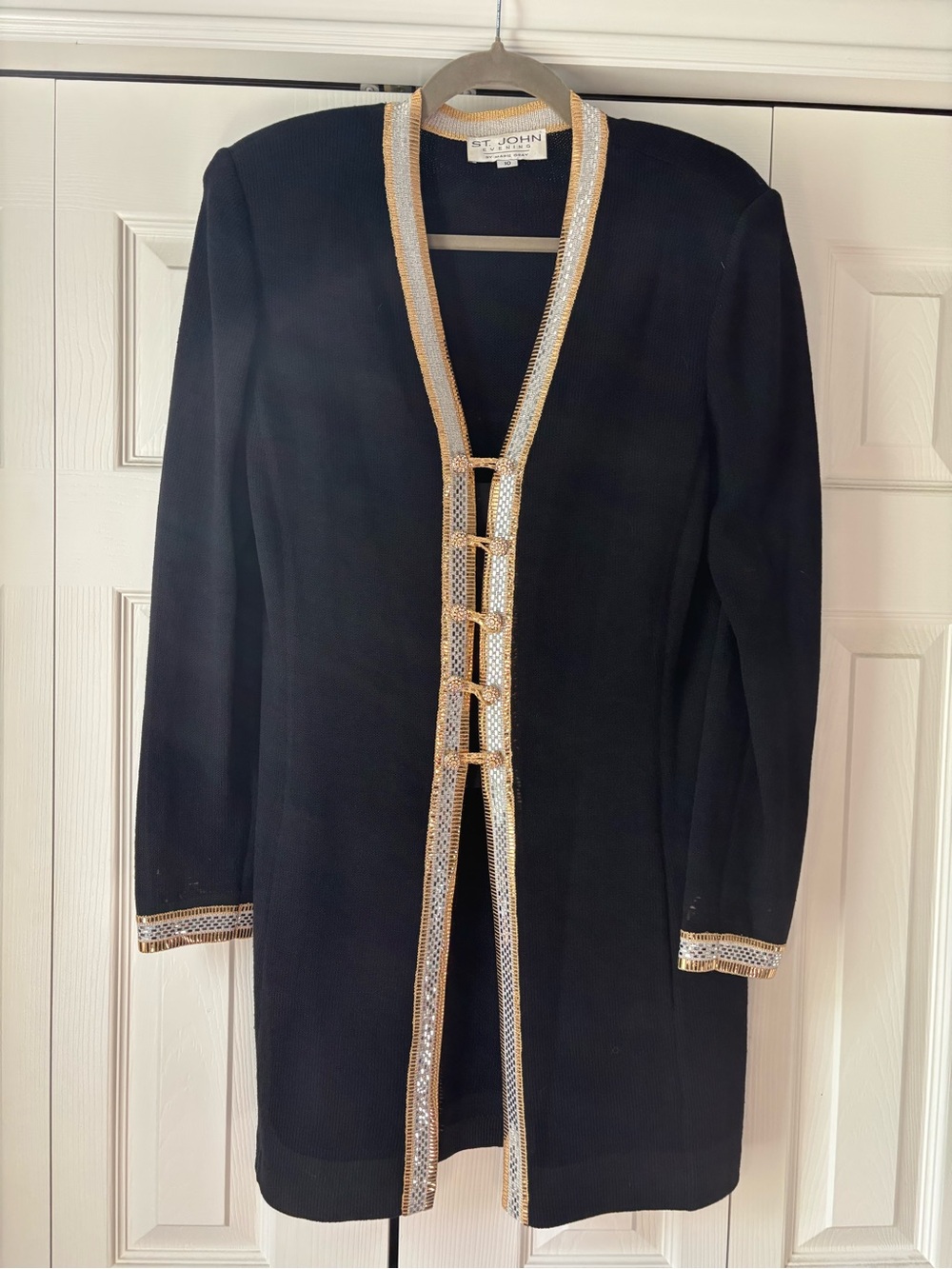 Vintage St. John Evening Black Knit Jacket with Gold Trim and Skirt
